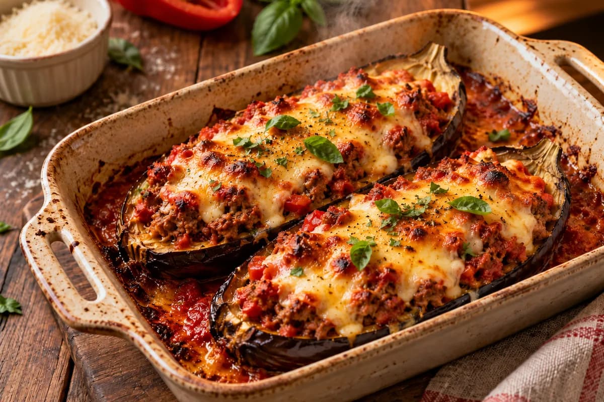 Freshly baked eggplant boats with golden, bubbly cheese