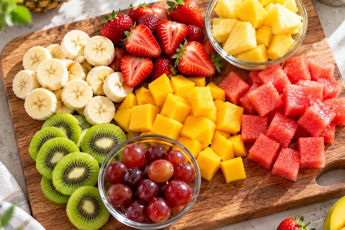 Holzbrett mit geschnittener Banane, Erdbeeren, Ananas, Mango, Wassermelone, Trauben und Kiwi
