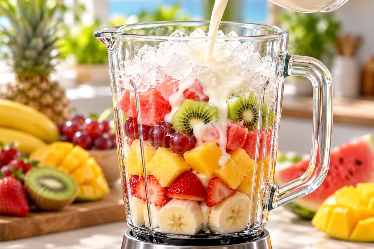 Geschnittenes Obst und Sahne werden mit Eis in den Mixer gegeben