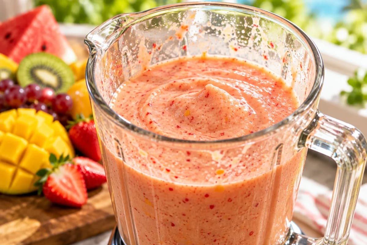 Glatte, gleichmäßige Fruchtshake-Mischung im Mixer
