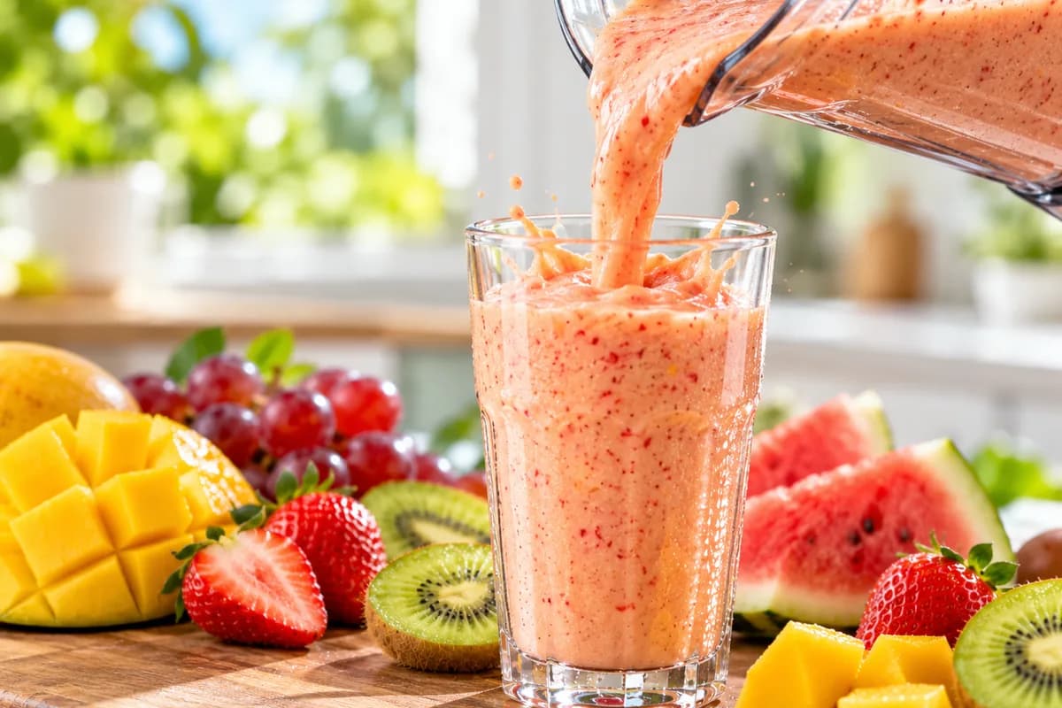 Fruchtshake wird in ein hohes Glas gegossen