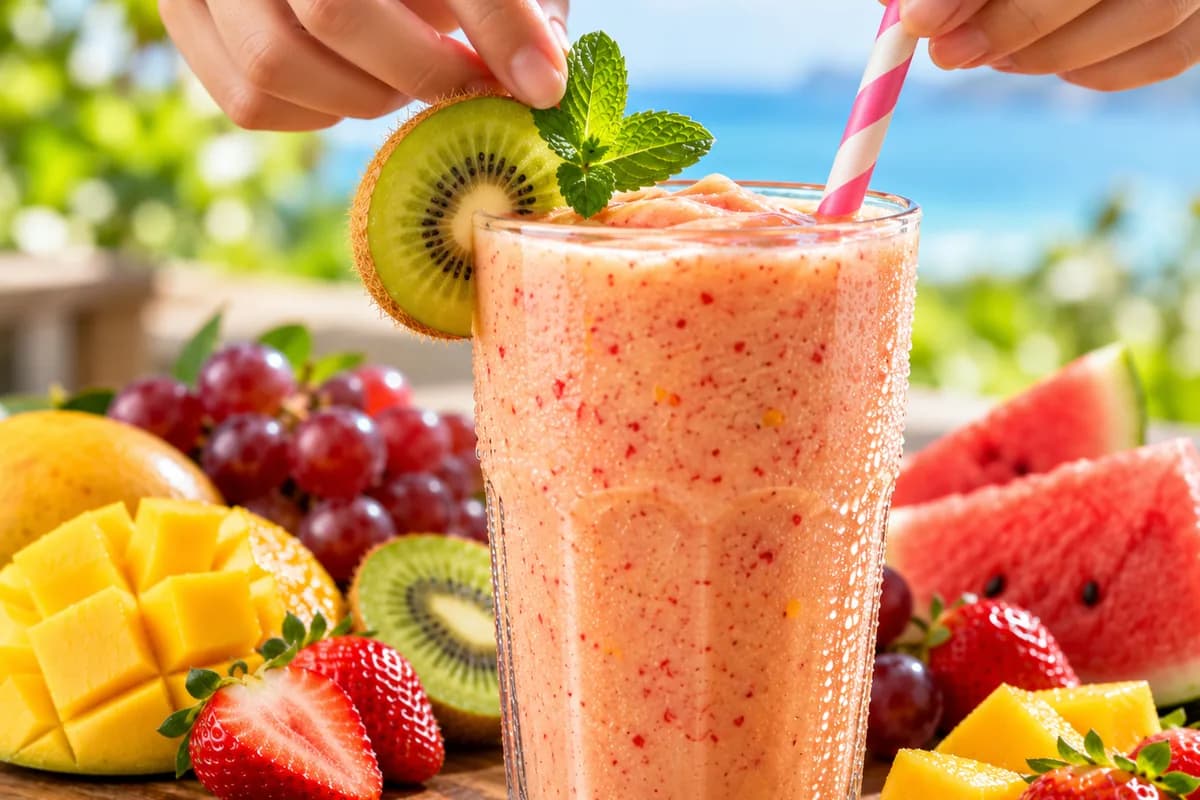 Der Shake wird mit einer Kiwischeibe, Minze und einem Trinkhalm garniert