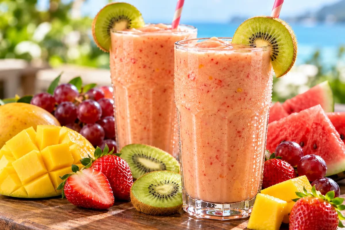 Zwei Gläser Fruchtshake mit Sahne, bereit zum Genießen
