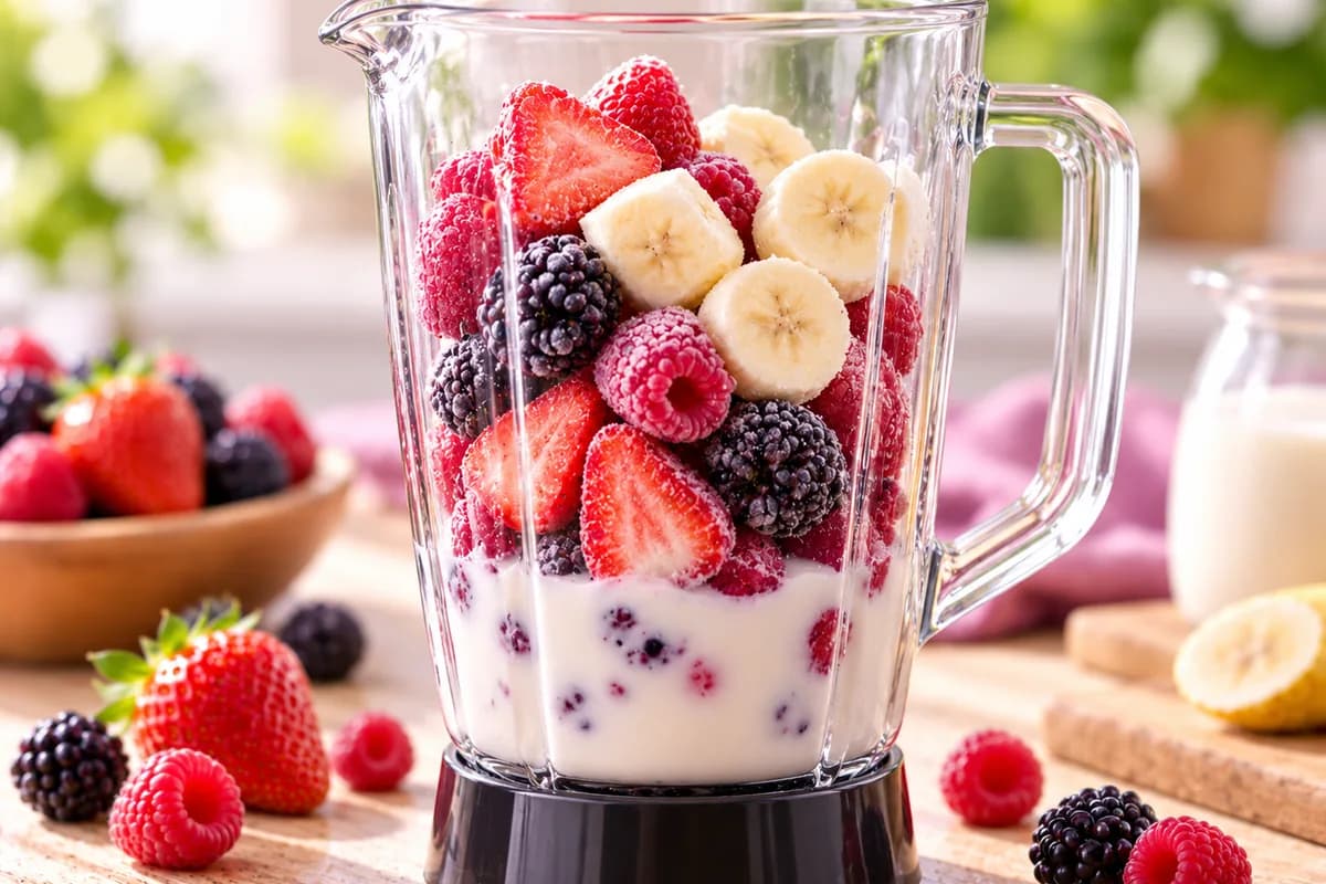 Erdbeeren, Brombeeren, Himbeeren, Banane und Pflanzenmilch im Mixbecher
