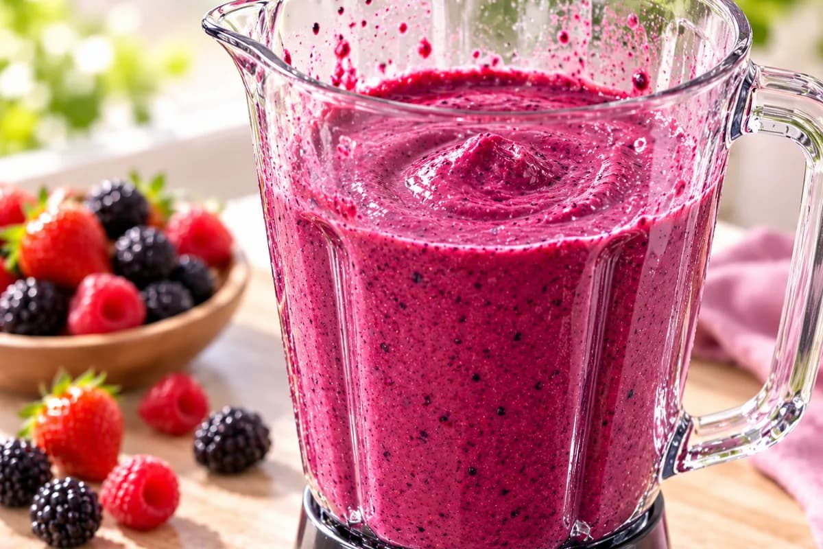 Frisch gemixter violetter Beeren-Smoothie im Mixbecher