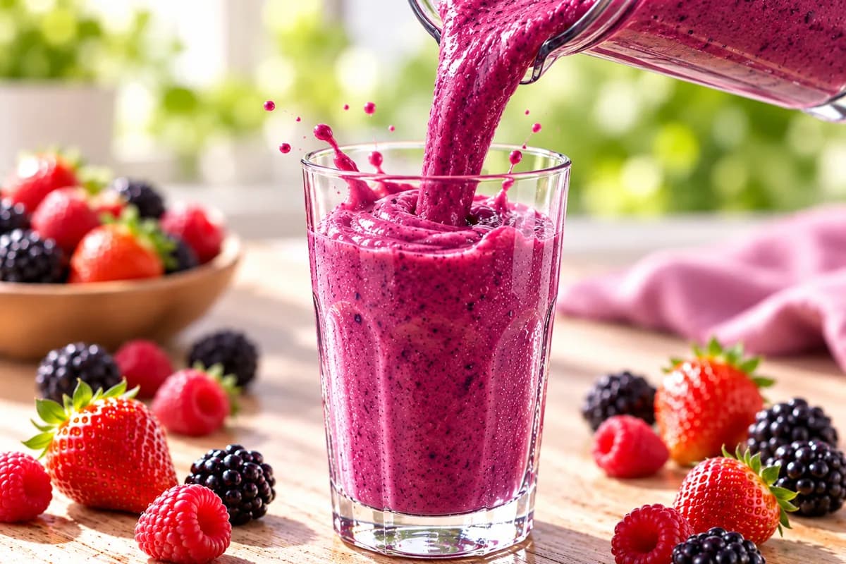 Violetter Beeren-Smoothie wird in ein Glas gegossen