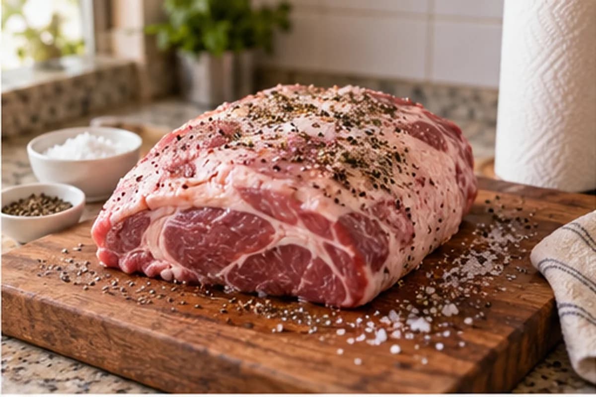Raw pork neck patted dry and seasoned on a cutting board