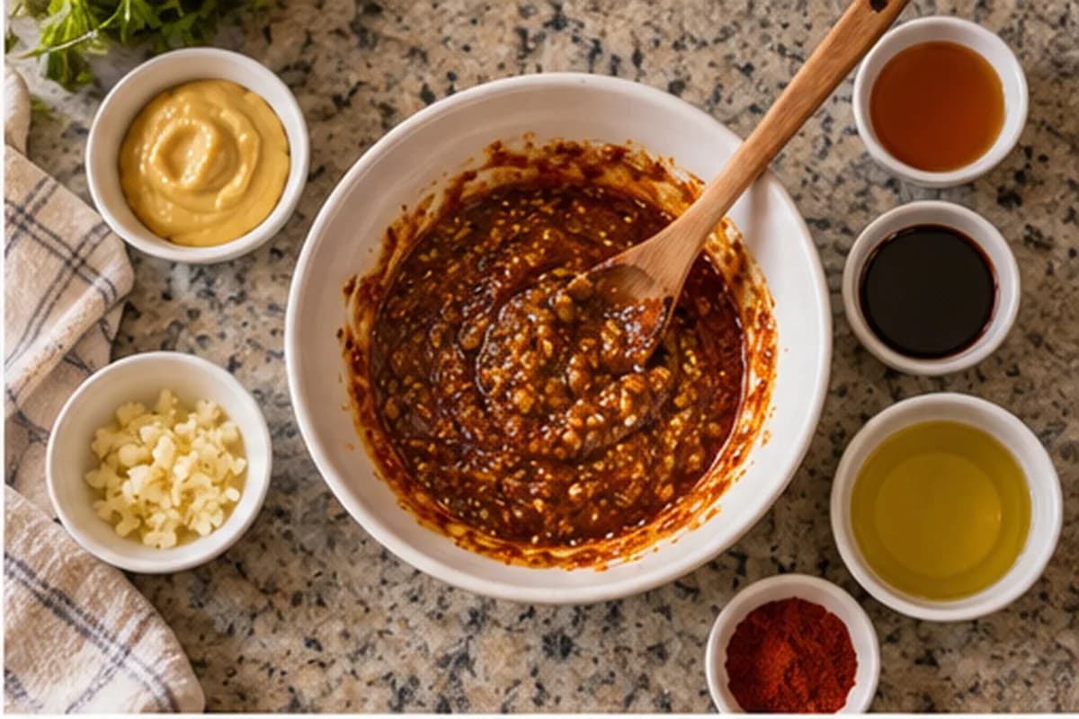 Mustard, honey, garlic, soy sauce and paprika marinade in a bowl