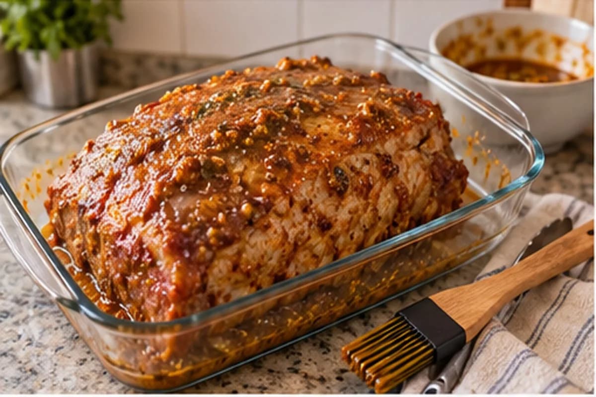 Pork neck coated in marinade, ready to rest in the fridge