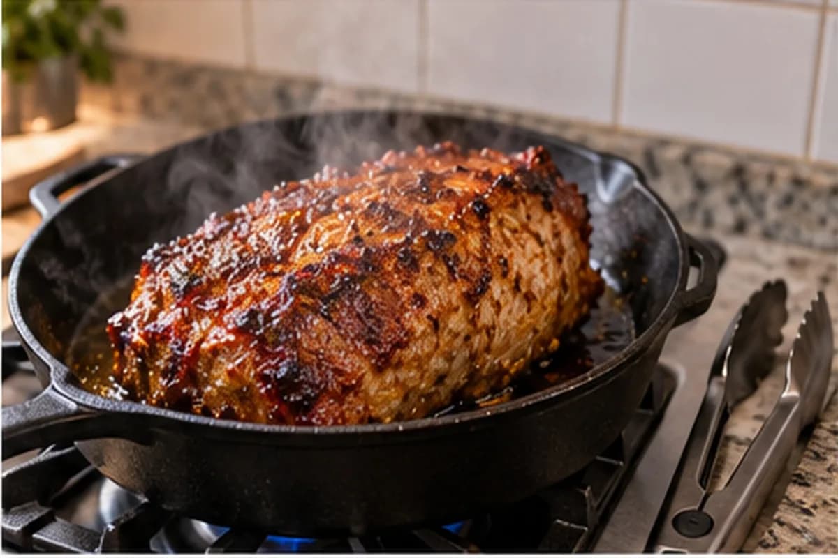 Pork neck browning in a cast-iron skillet