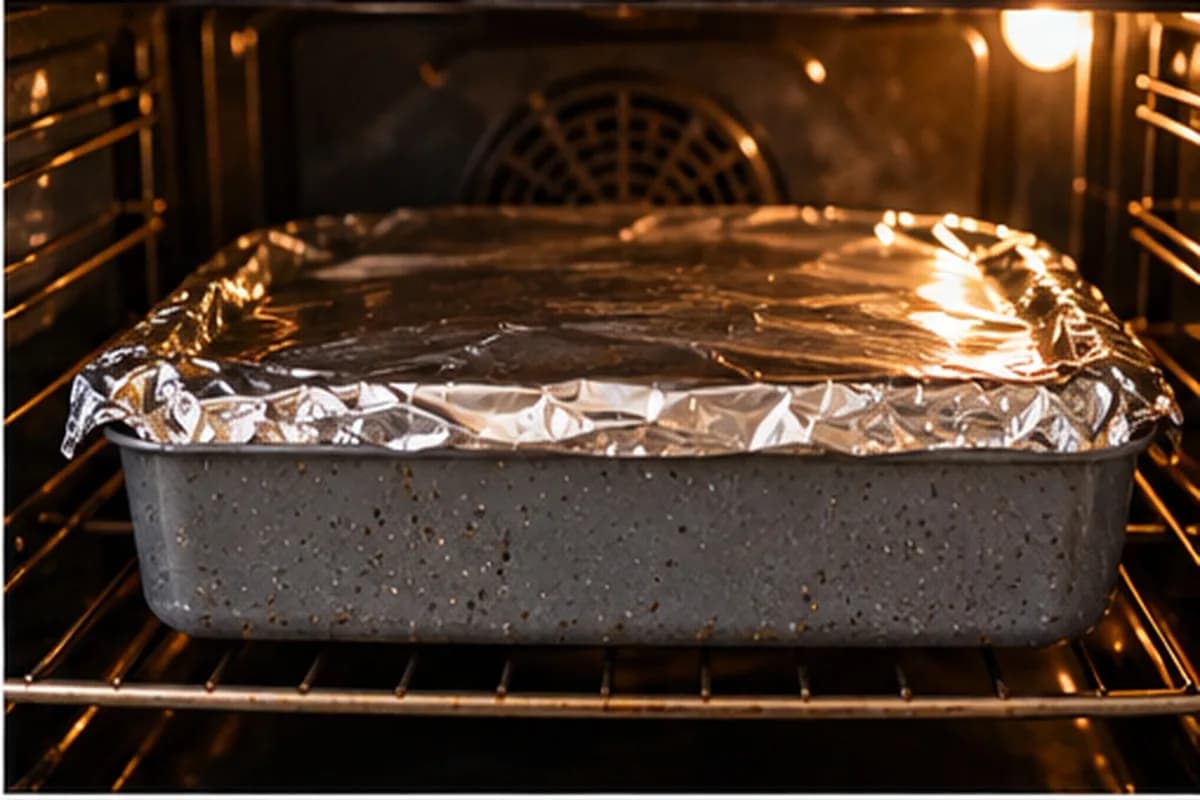 Pork neck covered with foil inside the oven