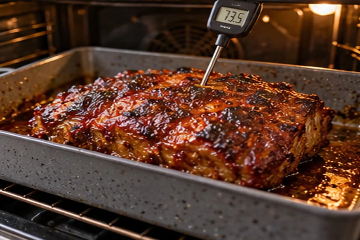 Caramelized pork neck with a thermometer inserted in the center