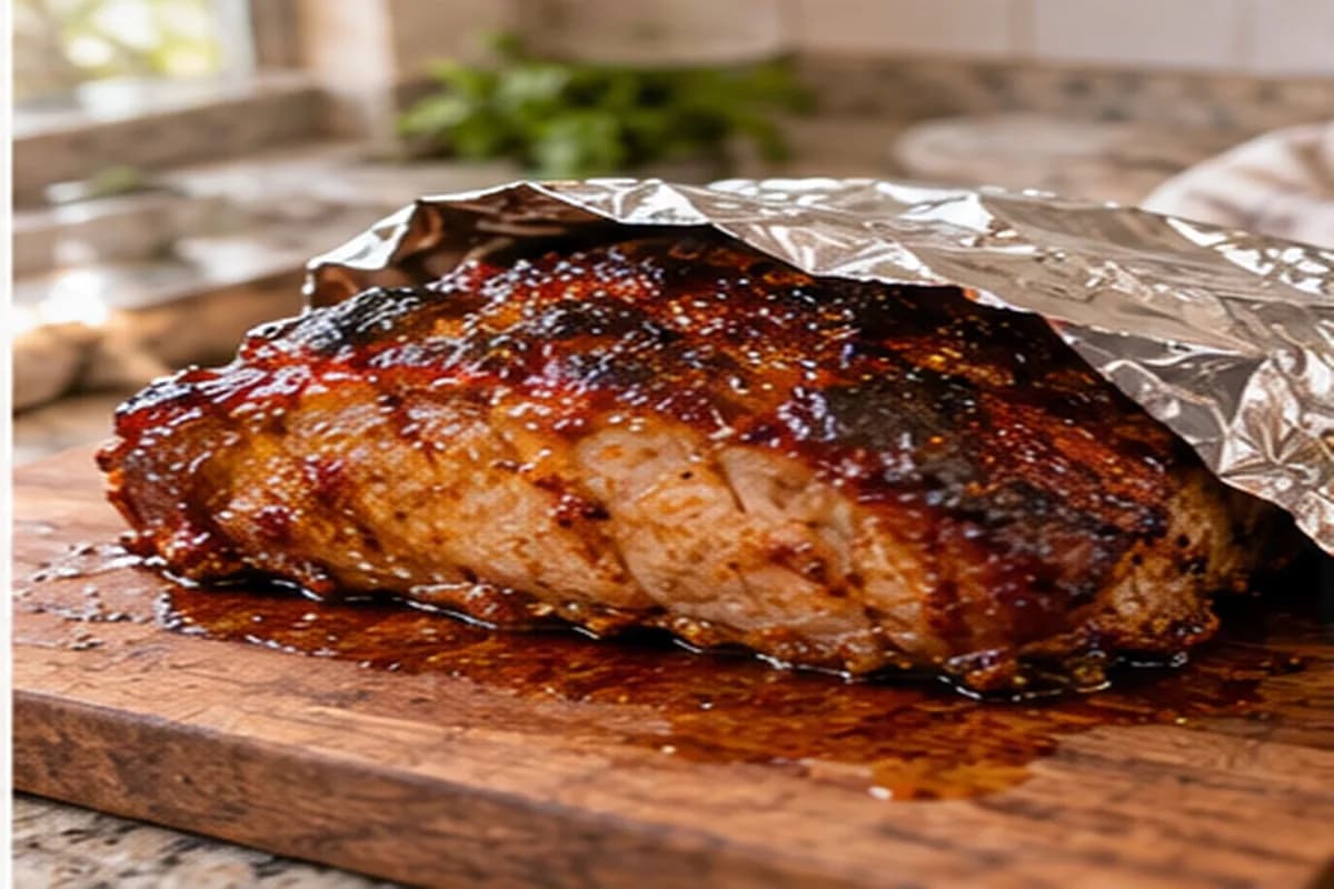 Pork neck resting on a cutting board before slicing