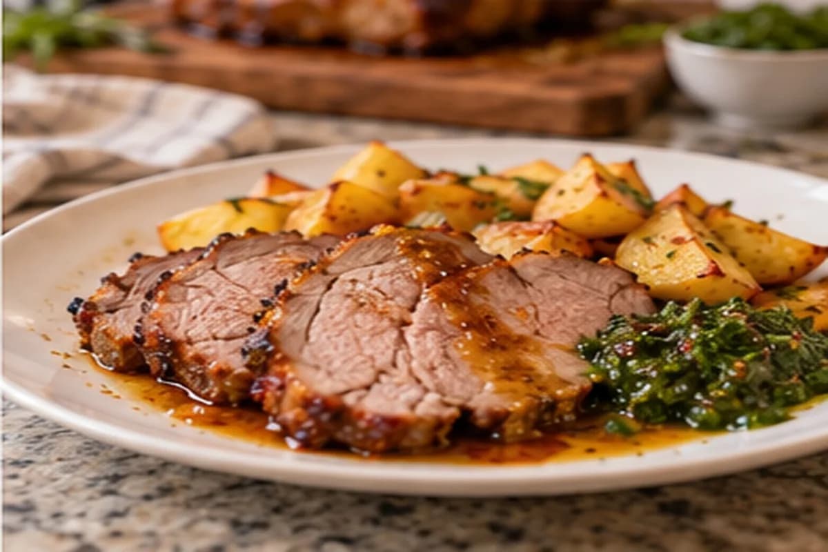 Sliced pork neck with pan juices, roast potatoes and chimichurri