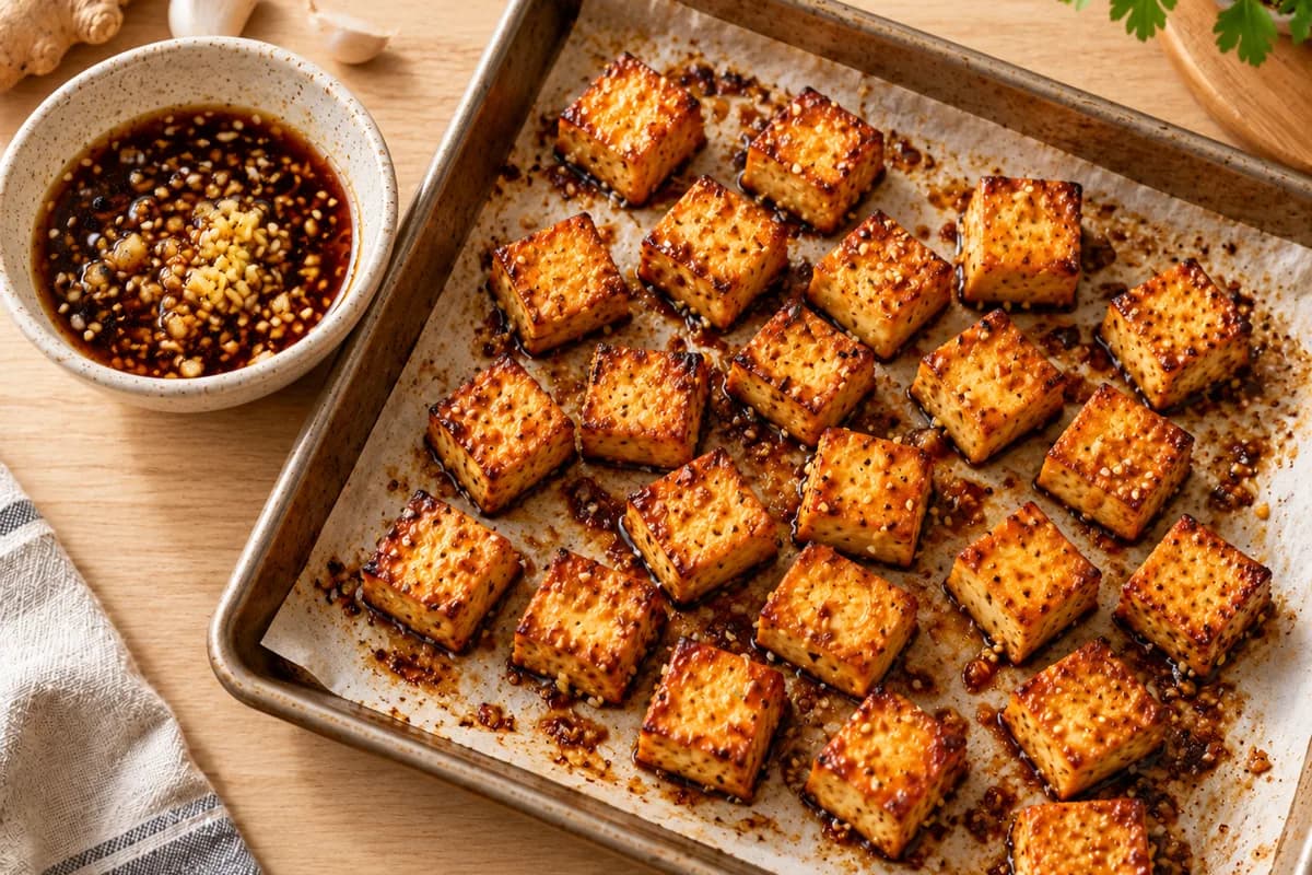 Goldbraune Tofuwürfel auf einem Blech mit der Marinade daneben