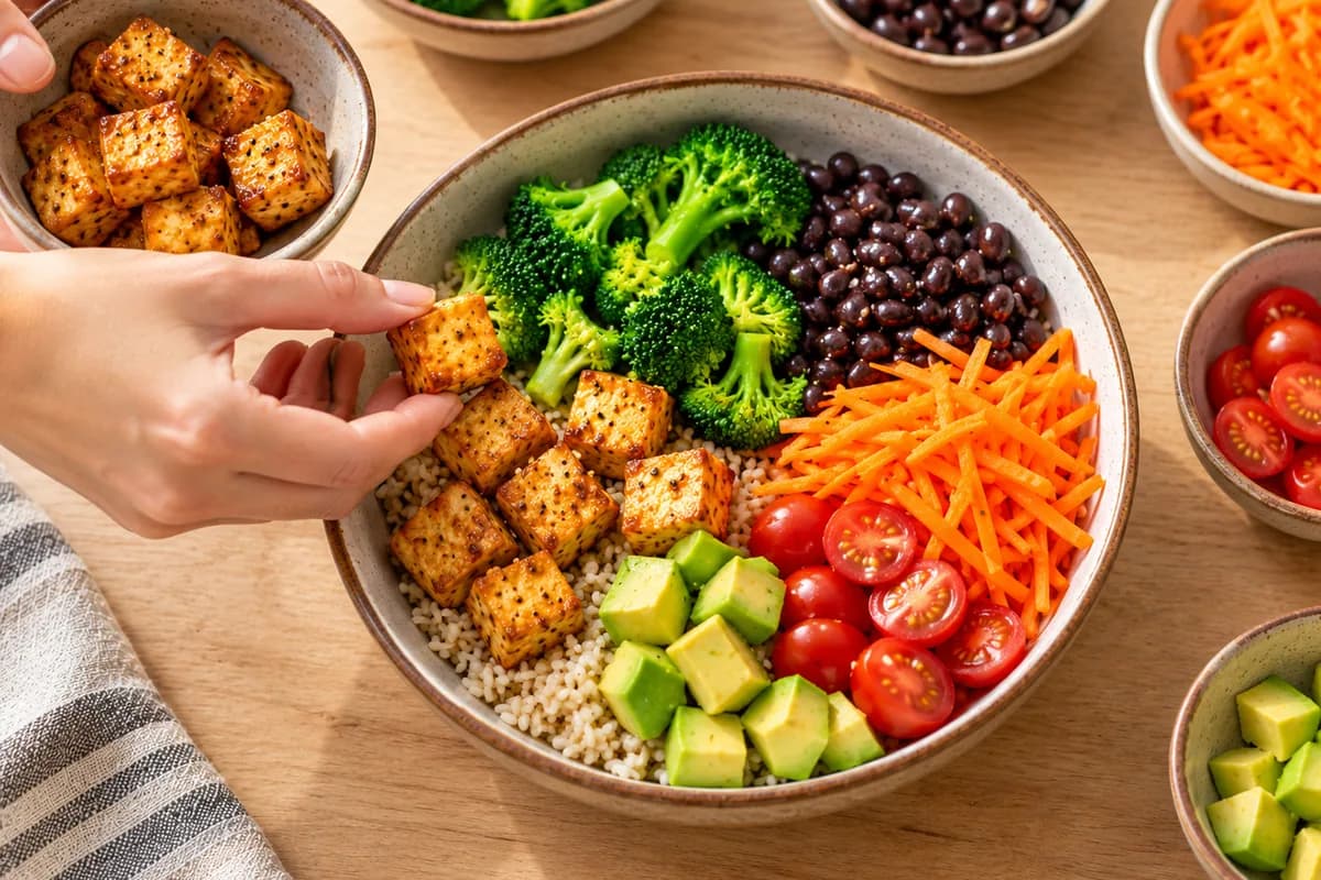 Anrichten der Bowl mit Reis, Brokkoli, schwarzen Bohnen, Karotte, Tomate, Avocado und Tofu