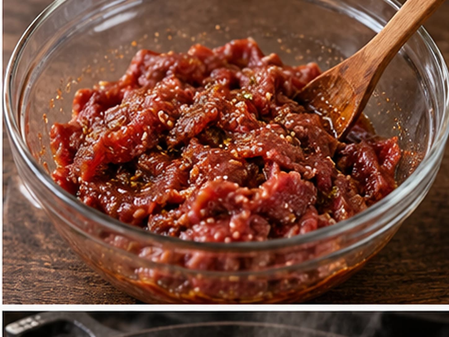 プルコギ（韓国風牛肉の甘辛炒め）: 肉とたれを混ぜる