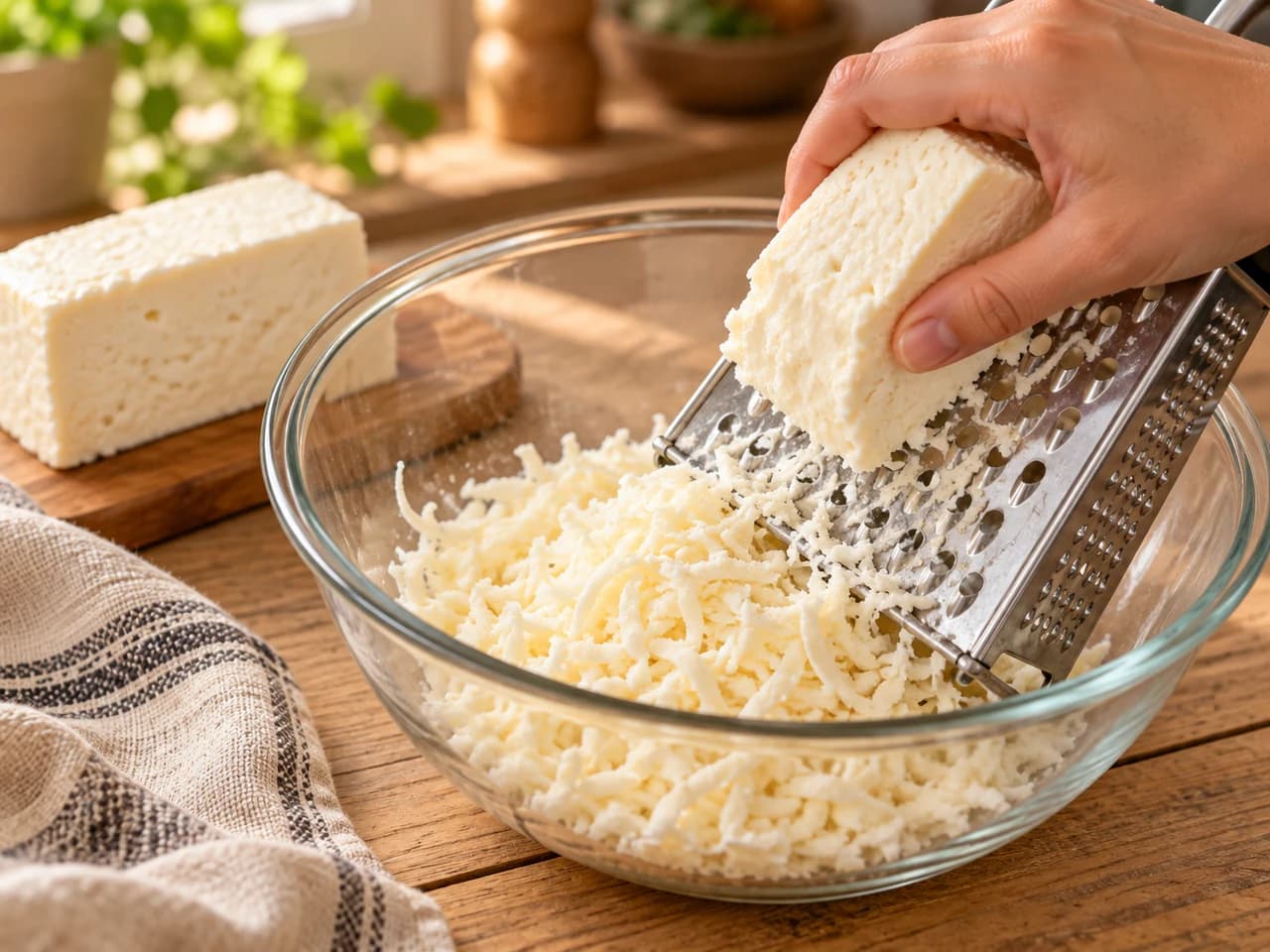 Blocco di queso costeño grattugiato su una ciotola di vetro con una grattugia in metallo.