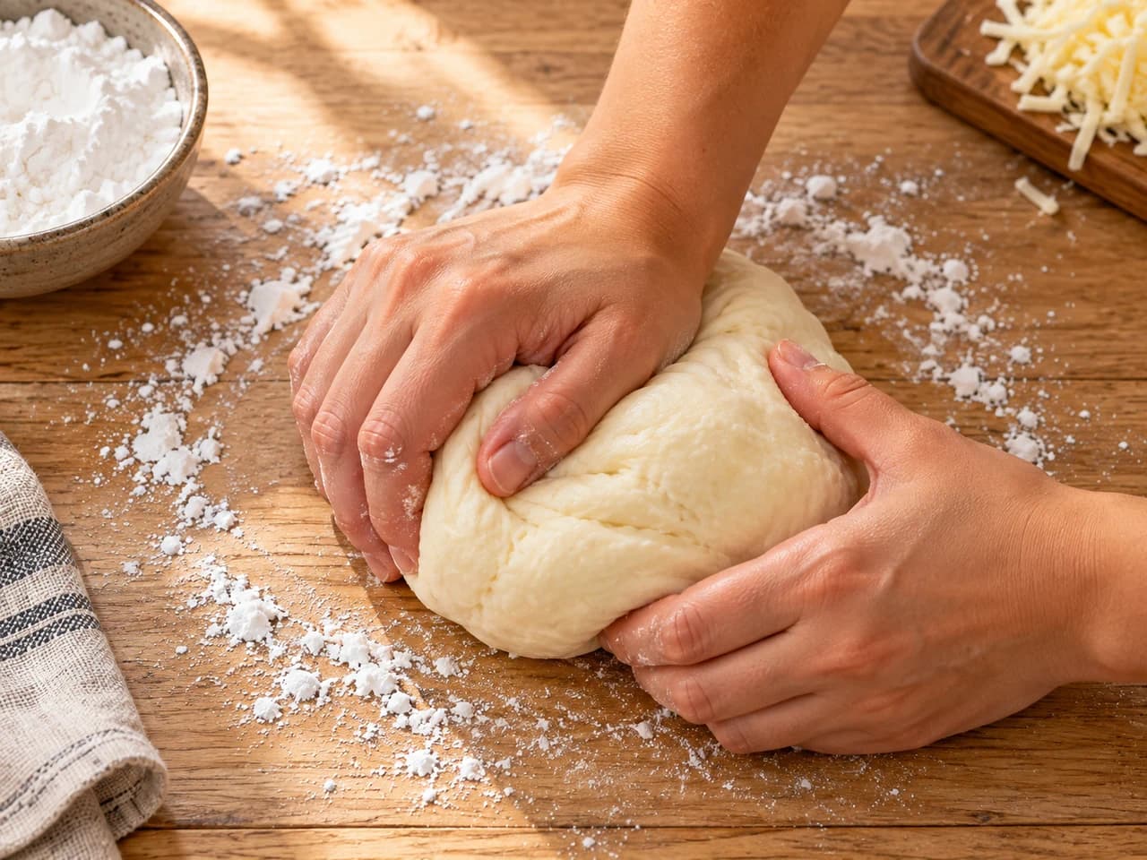 Mani che impastano un impasto bianco e liscio su un tavolo di legno chiaro spolverato di amido.