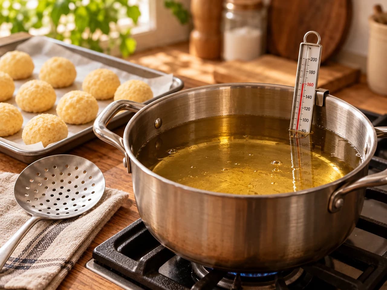 Pentola alta con olio limpido e un termometro da cucina che indica circa 160 °C, accanto a una schiumarola.