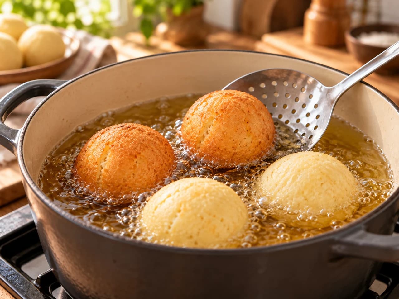 Pentola di olio caldo con buñuelos che galleggiano, alcuni dorati e altri ancora chiari, e una schiumarola che ne gira uno.