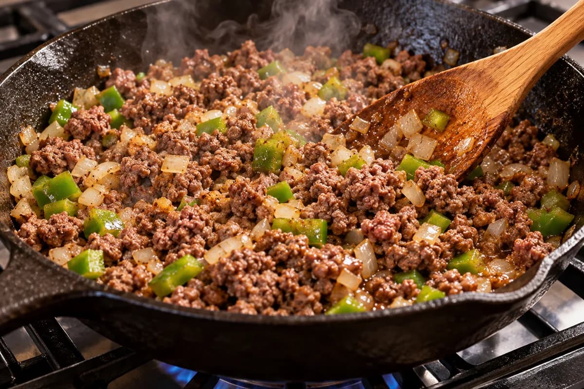 Bœuf haché assaisonné au cumin qui cuit dans la poêle