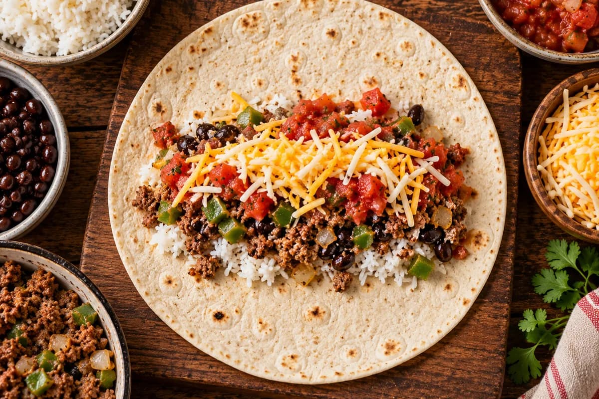 Garniture disposée dans la partie inférieure centrale de la tortilla