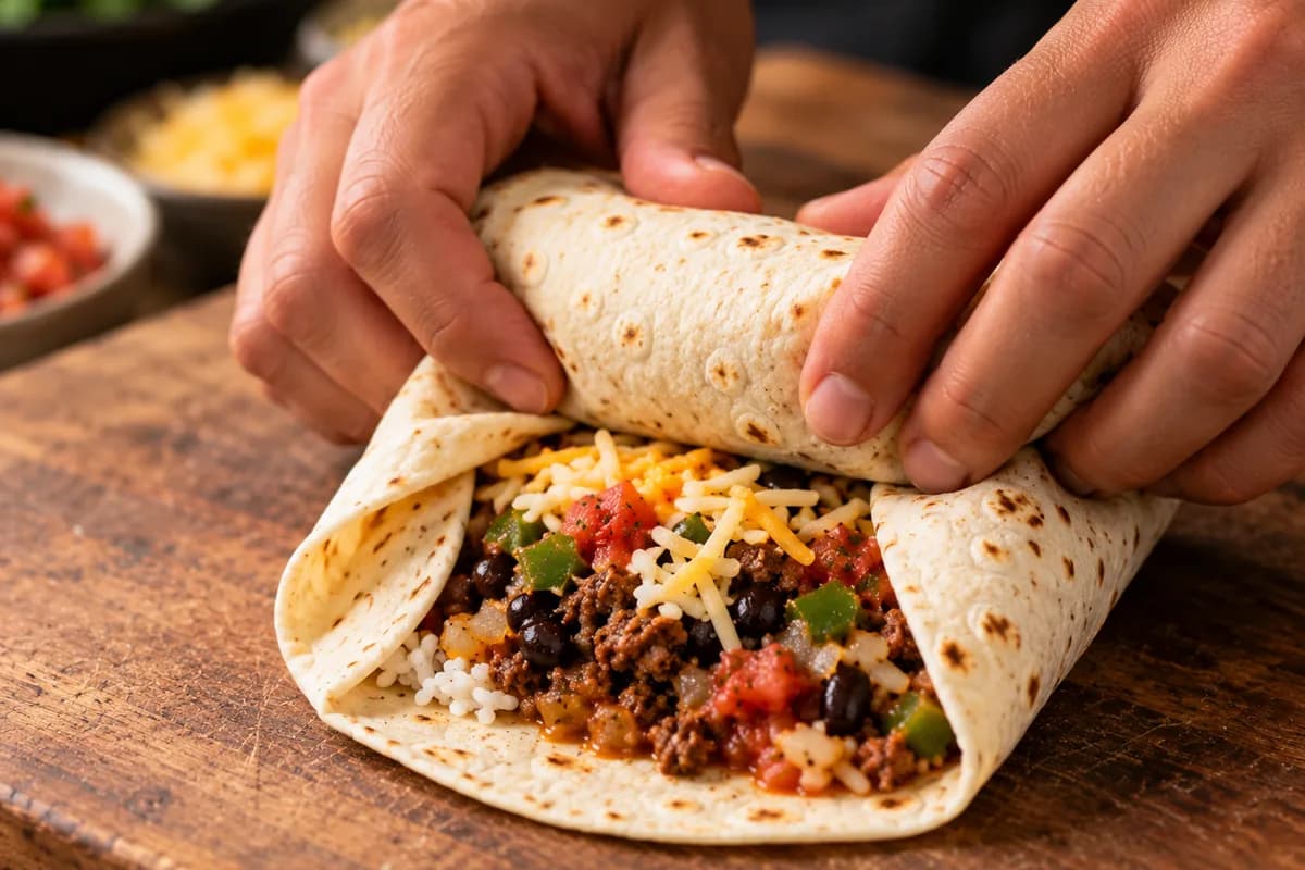 Burrito en train d'être roulé, le bord inférieur par-dessus la garniture