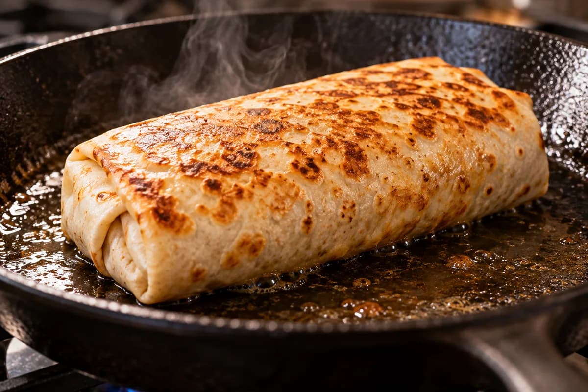 Burrito qui dore sur le comal, jointure vers le bas