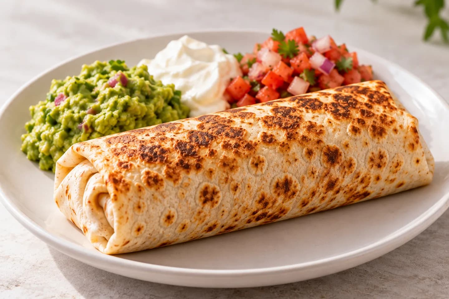 Burrito coupé en diagonale, servi avec salsa et guacamole