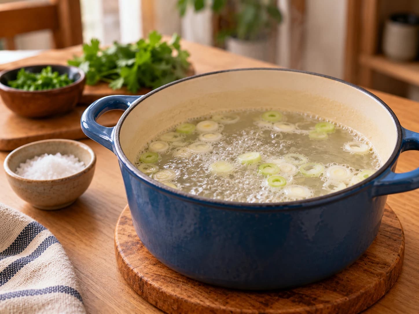 Changua: kolumbianische Eiersuppe mit Milch: Wasser mit Zwiebeln aufkochen