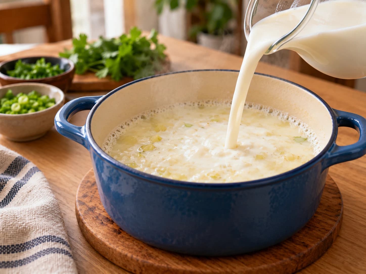 Changua: kolumbianische Eiersuppe mit Milch: Milch zugeben