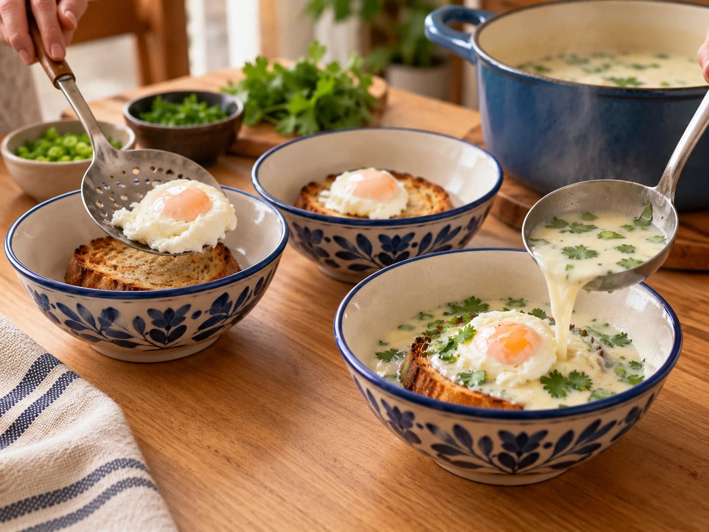 Changua: kolumbianische Eiersuppe mit Milch: Teller anrichten