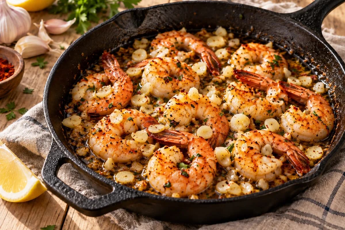 Garnelen mit gehacktem Knoblauch in der Pfanne beim Anbraten