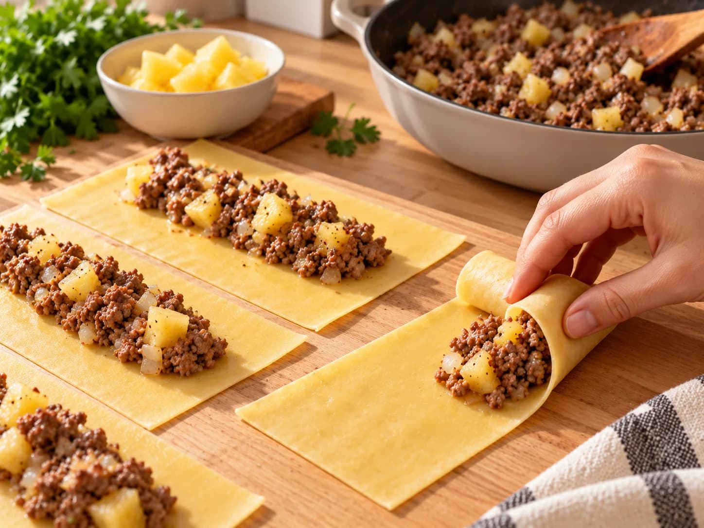 Pastablätter werden mit Hackfleisch und Ananas gefüllt
