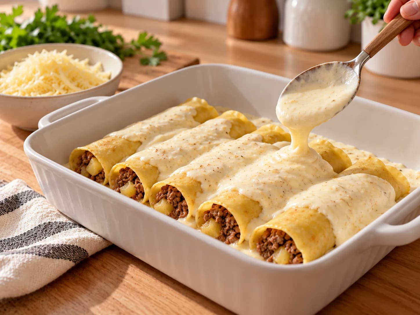 Gefüllte Cannelloni in einer Auflaufform mit Tomatensauce