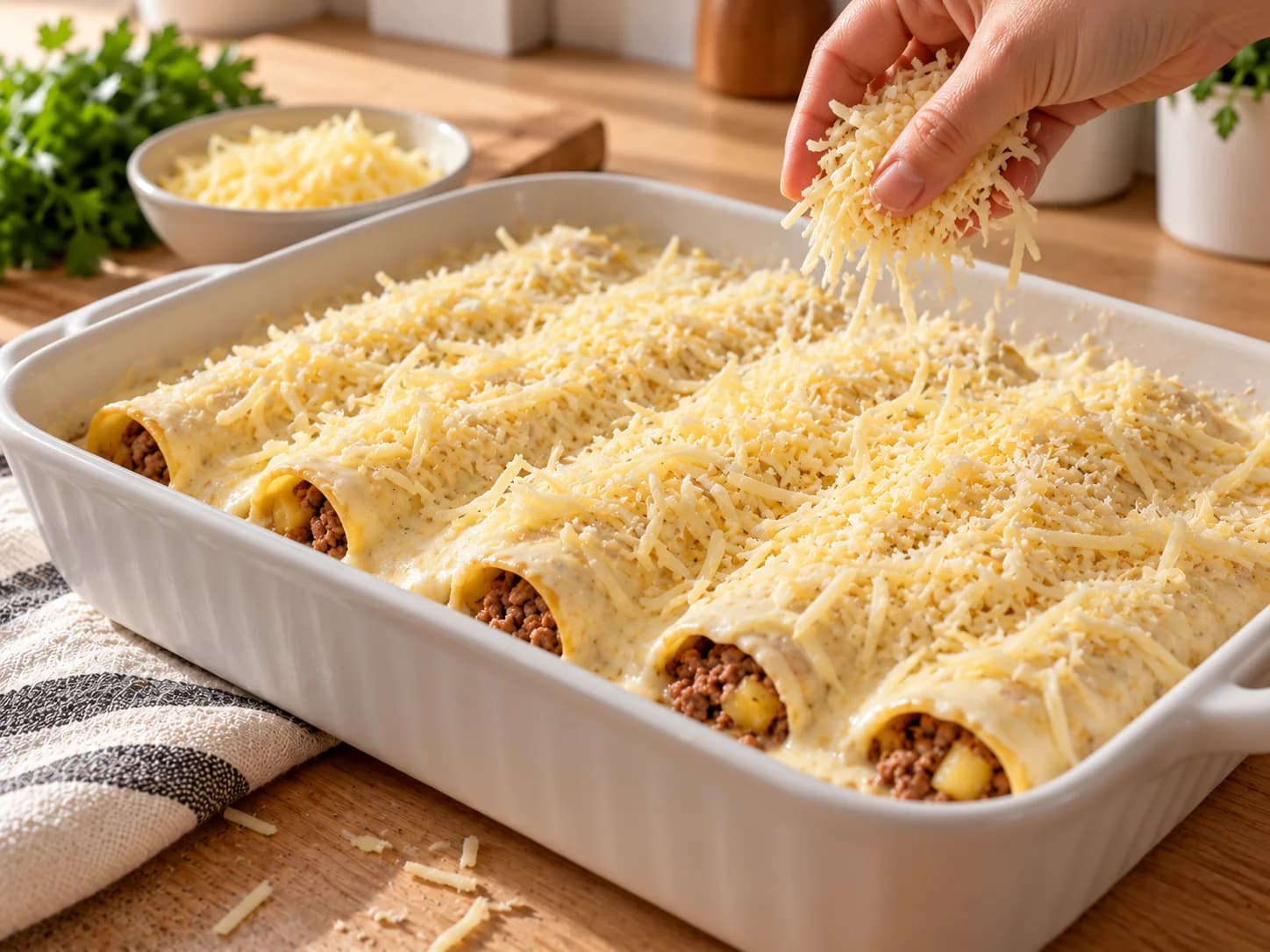 Geriebener Mozzarella wird über Cannelloni mit Tomatensauce gestreut