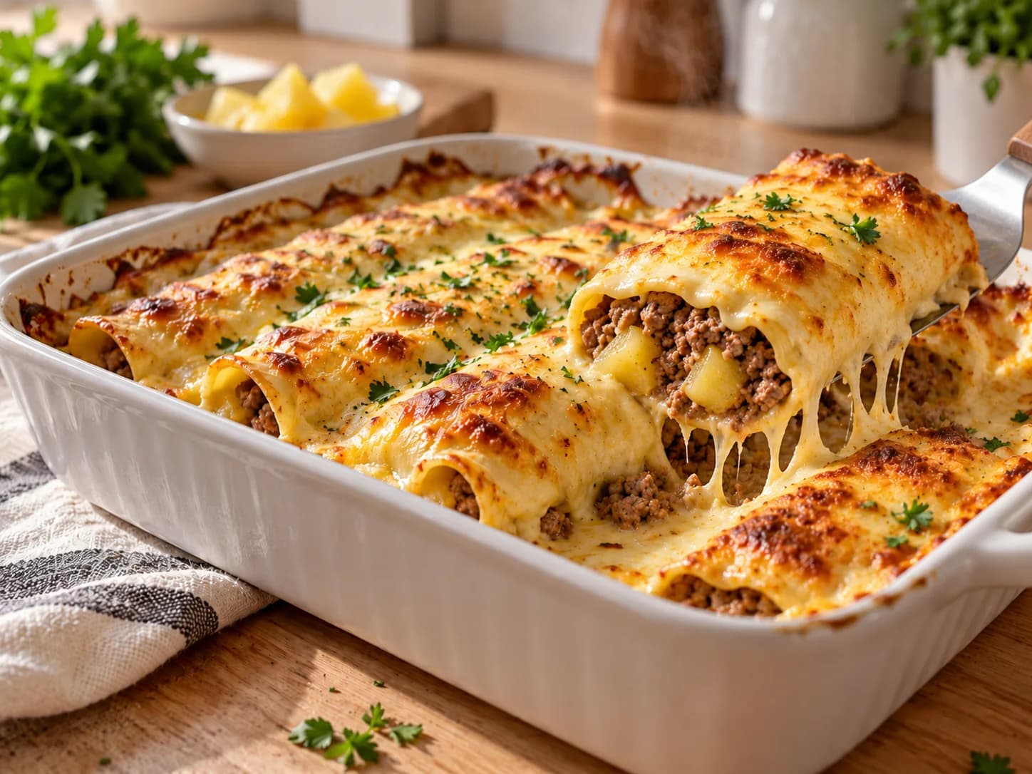 Frisch gebackene Cannelloni mit goldbraunem Käse
