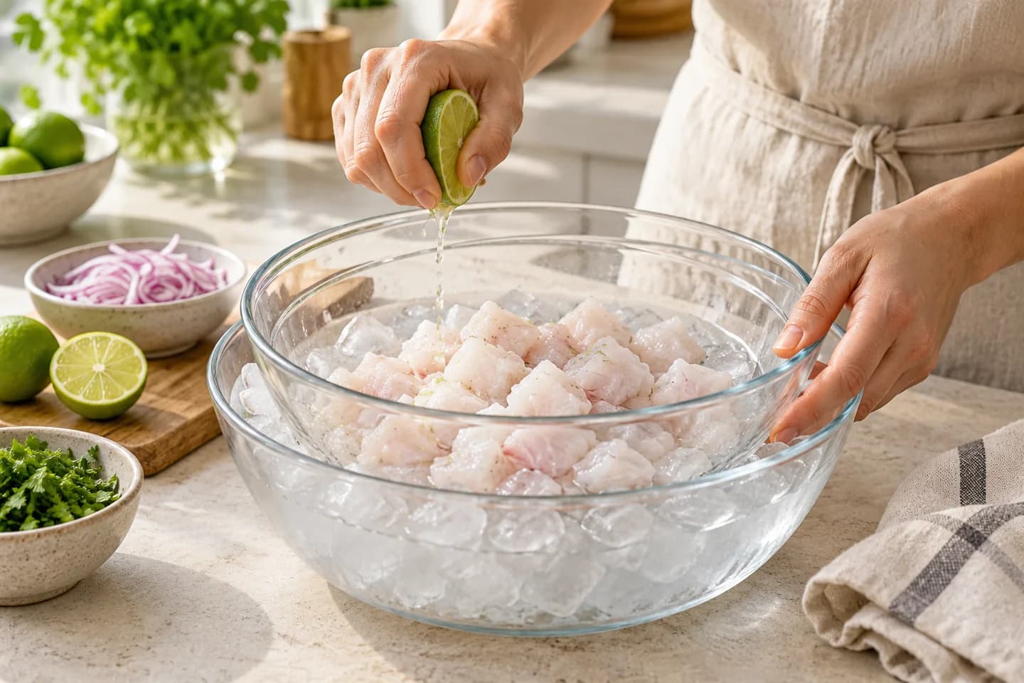 Lima espremida sobre peixe frio.