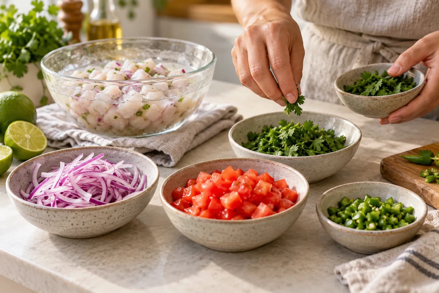 Cebola, tomate, malagueta e coentros.