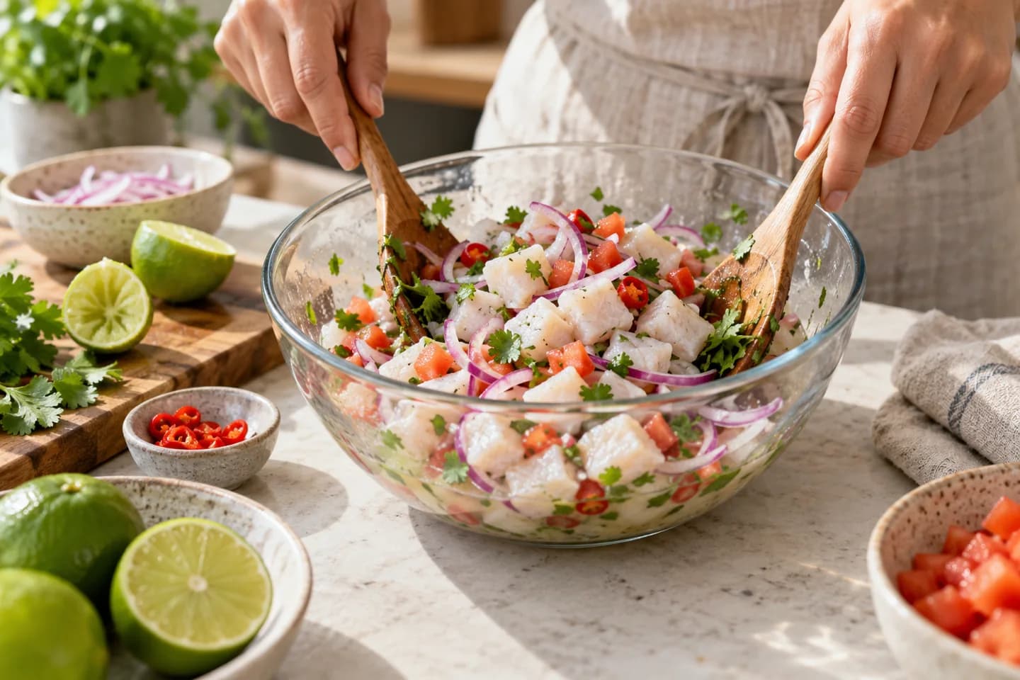 Ceviche misturado numa taça fria.