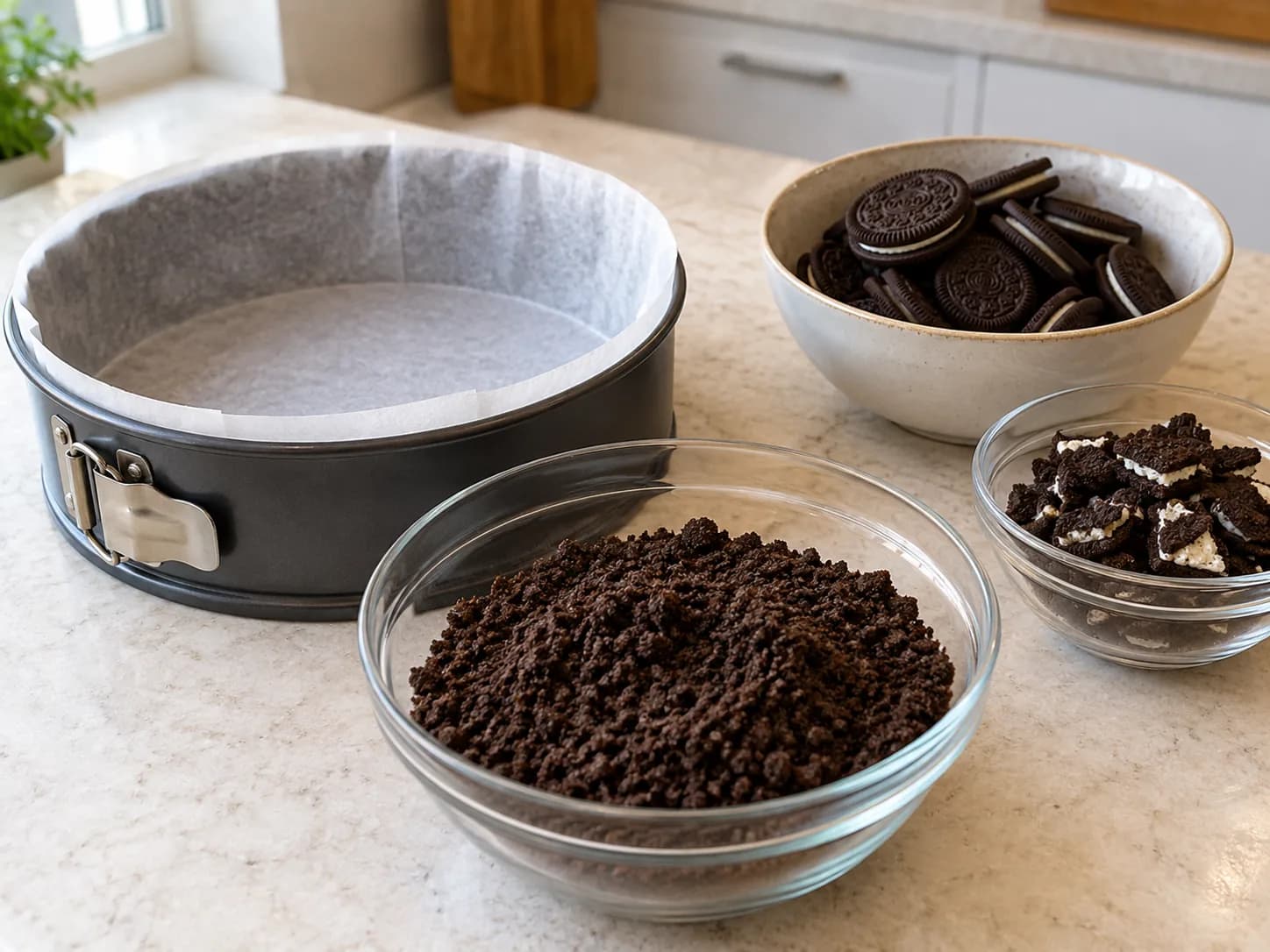 Cheesecake Oreo senza cottura: Preparare stampo e biscotti