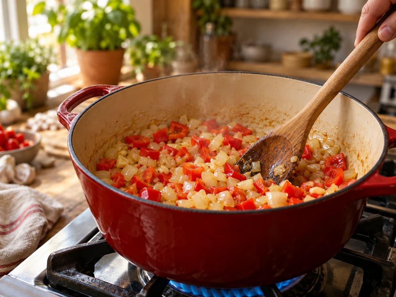 Olla de hierro fundido con cebolla, pimiento rojo y ajo sofriéndose en aceite, removidos con una cuchara de madera.