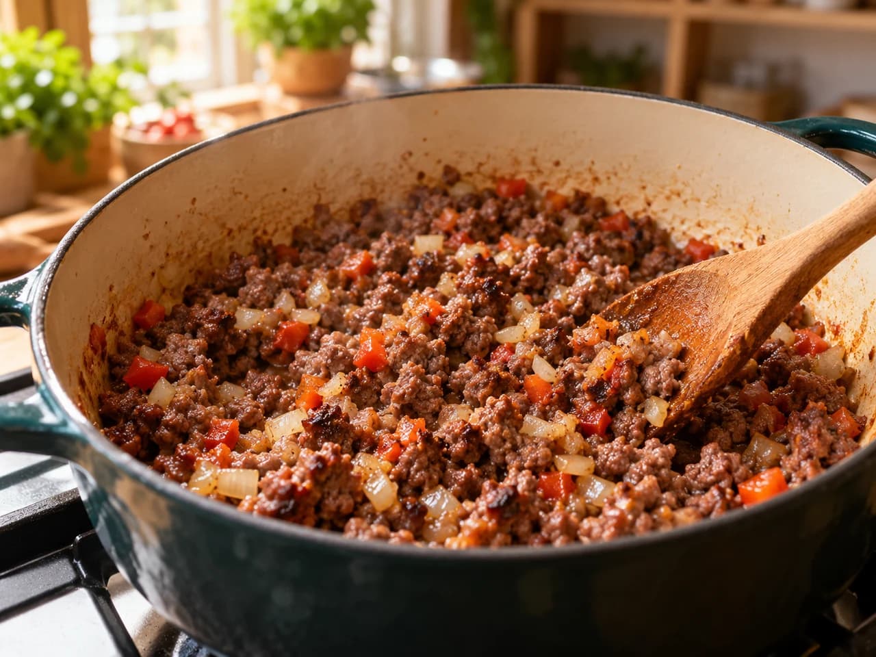 Carne de res molida dorándose en la olla de hierro con el sofrito, desmenuzada con una cuchara de madera.