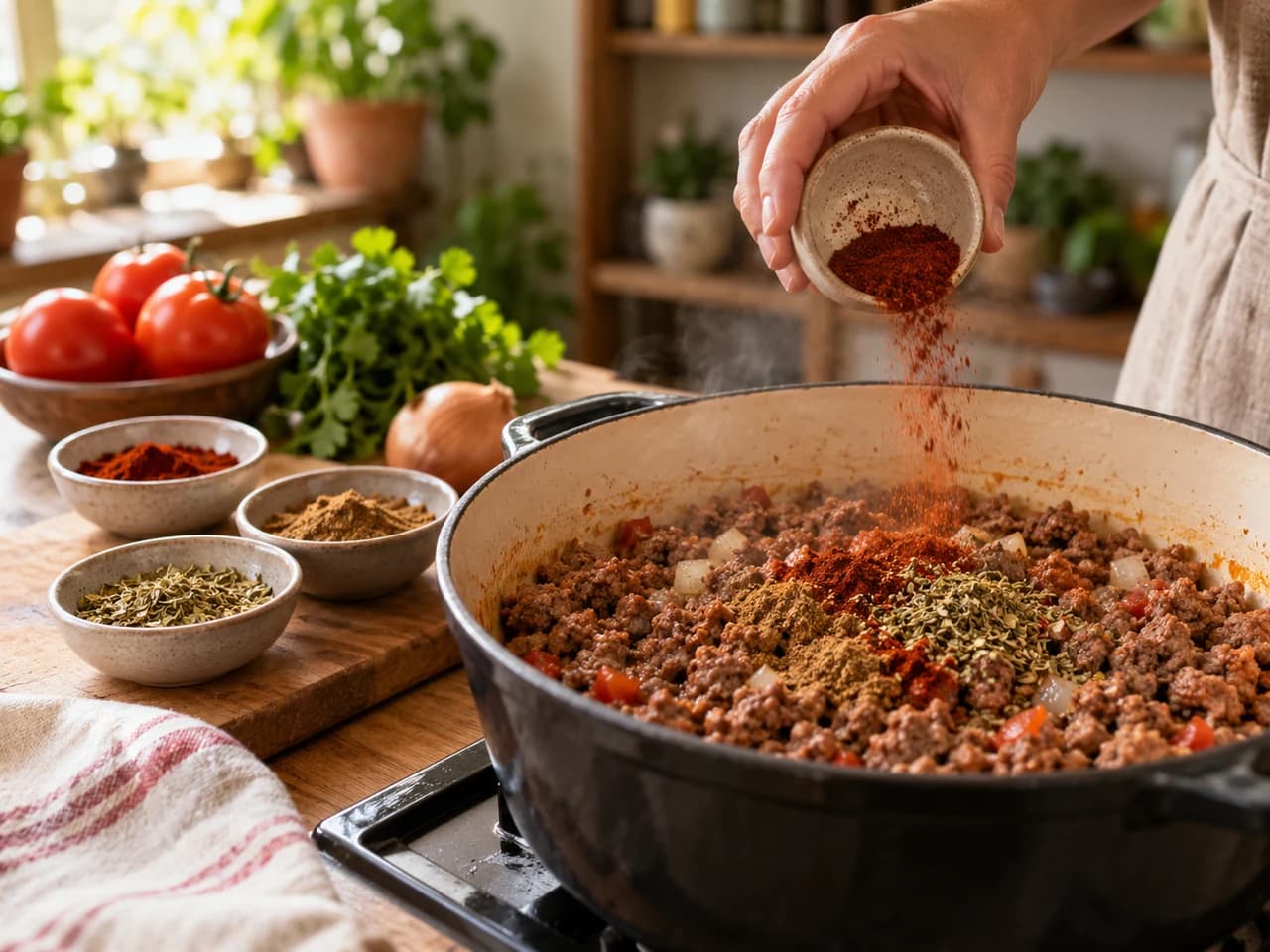 Mano espolvoreando chile en polvo rojo oscuro, comino y orégano sobre la carne molida en la olla, con cuencos de especias al lado.