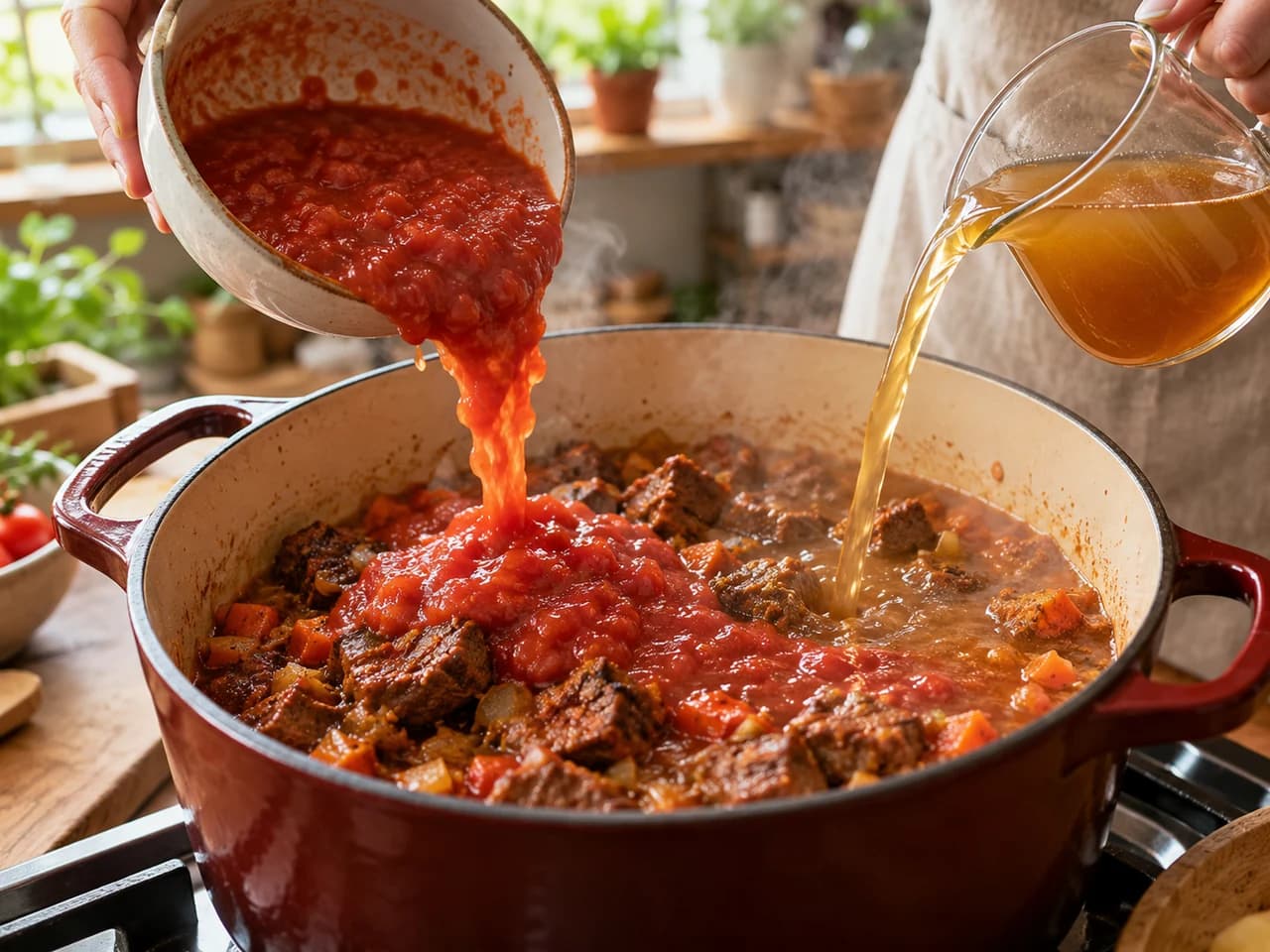Tomate triturado cayendo de un cuenco a la olla con la carne especiada mientras se vierte caldo desde una jarra pequeña.