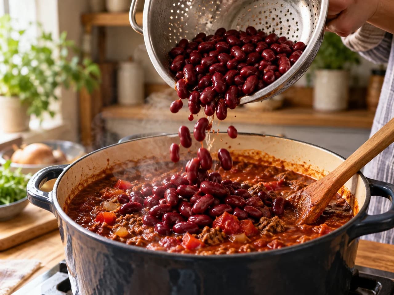 Frijoles rojos escurridos cayendo desde un colador dentro de la olla de chili espeso, con una cuchara de madera al lado.