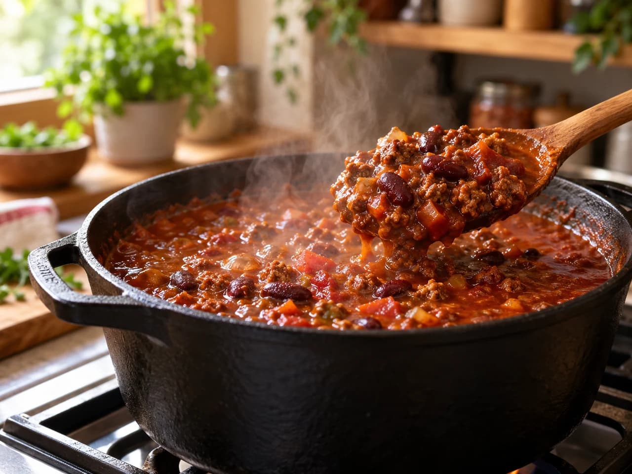 Olla de hierro con chili con carne espeso burbujeando a fuego bajo, con vapor y una cuchara de madera levantando una porción.