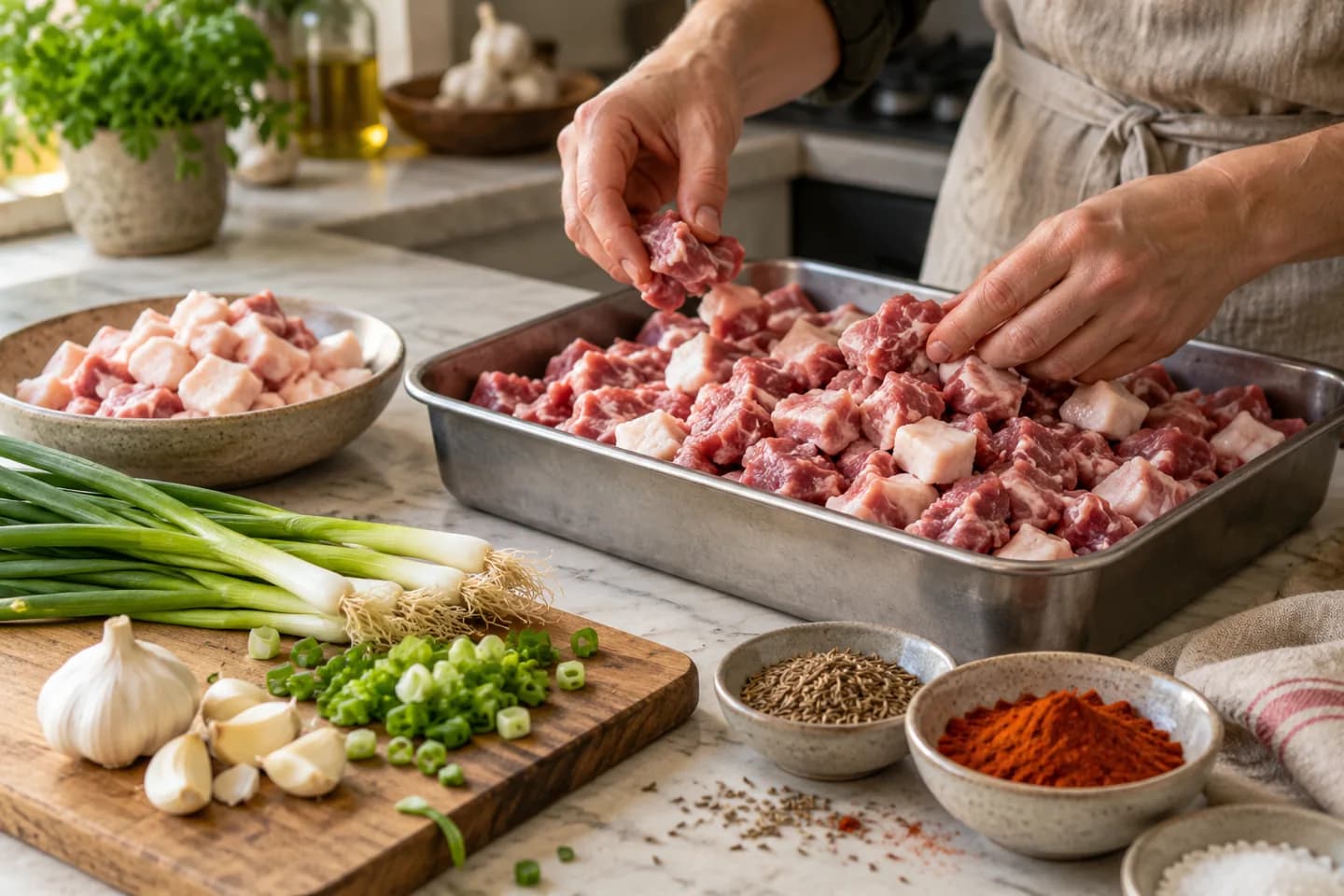 Porc froid, cébette et épices.