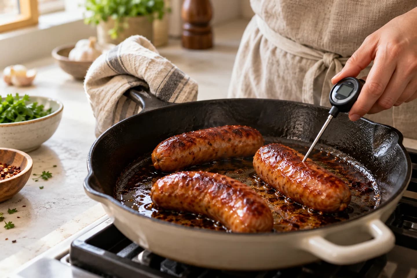 Saucisses dorées avec thermomètre.